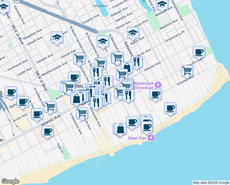 map of restaurants, bars, coffee shops, grocery stores, and more near 12 South Pennsylvania Avenue in Atlantic City