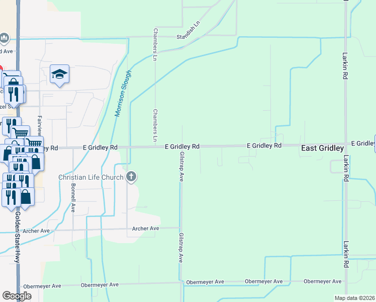 map of restaurants, bars, coffee shops, grocery stores, and more near 310 East Gridley Road in Gridley