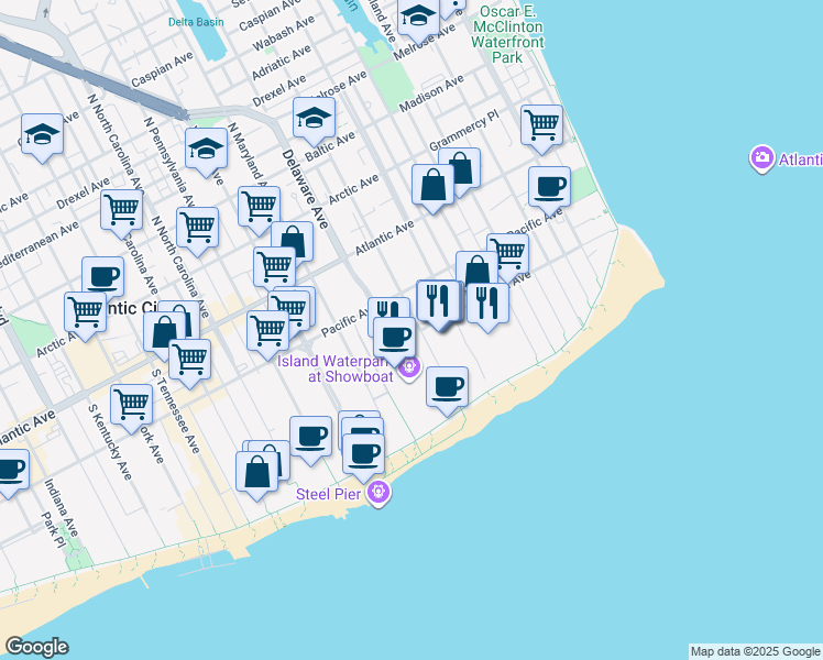 map of restaurants, bars, coffee shops, grocery stores, and more near 800 Pacific Avenue in Atlantic City