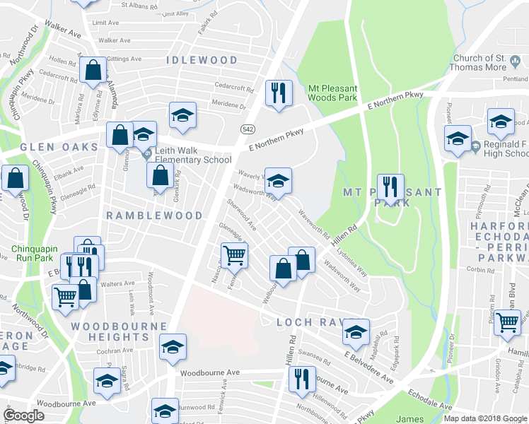 map of restaurants, bars, coffee shops, grocery stores, and more near 5912 Yorkwood Road in Baltimore