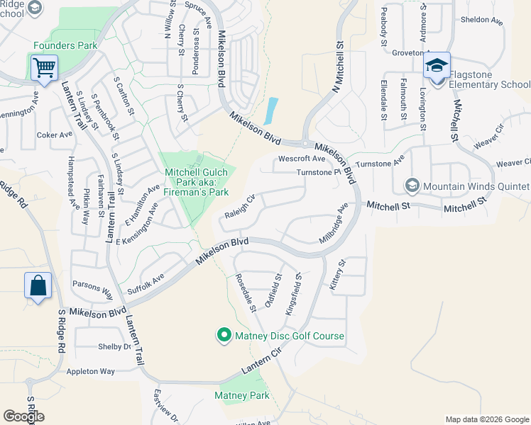 map of restaurants, bars, coffee shops, grocery stores, and more near 5797 Raleigh Circle in Castle Rock