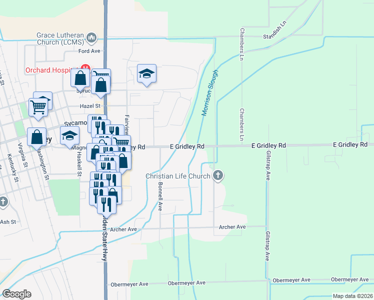 map of restaurants, bars, coffee shops, grocery stores, and more near 152 East Gridley Road in Gridley