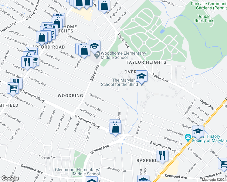 map of restaurants, bars, coffee shops, grocery stores, and more near 3427 Orlando Avenue in Baltimore