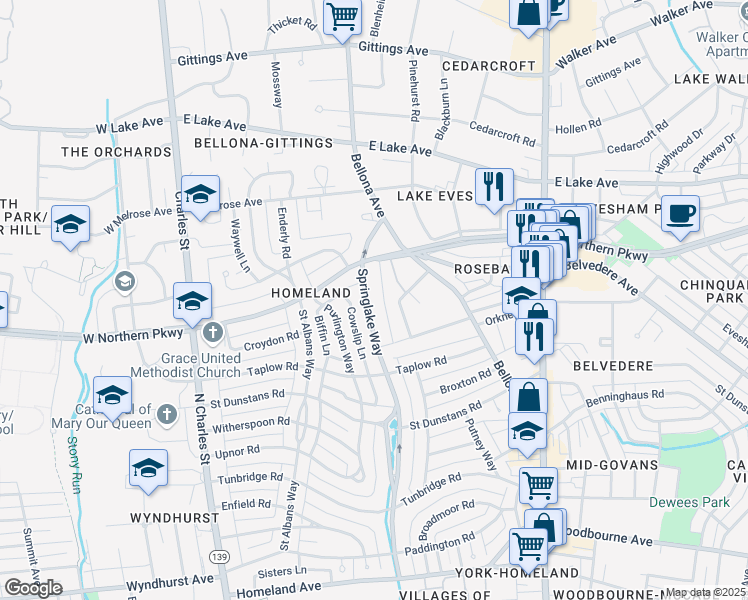 map of restaurants, bars, coffee shops, grocery stores, and more near 5425 Springlake Way in Baltimore