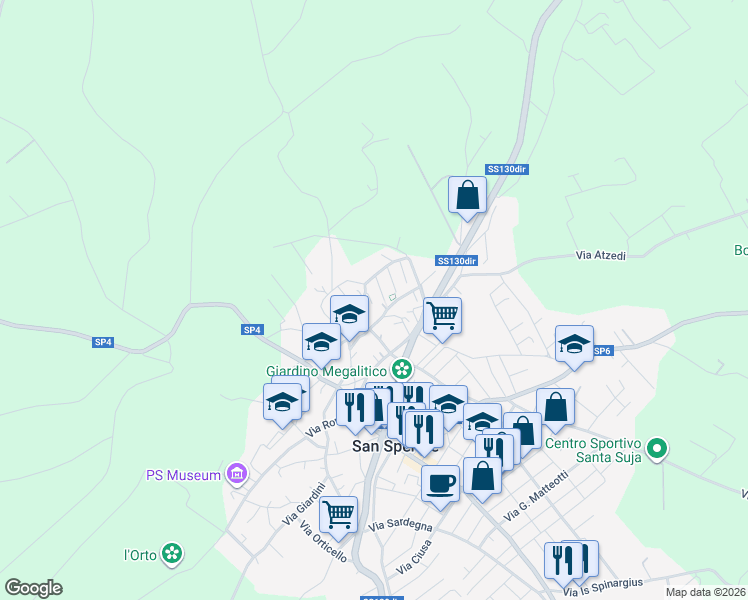 map of restaurants, bars, coffee shops, grocery stores, and more near 9 Via Michele Schirru in San Sperate