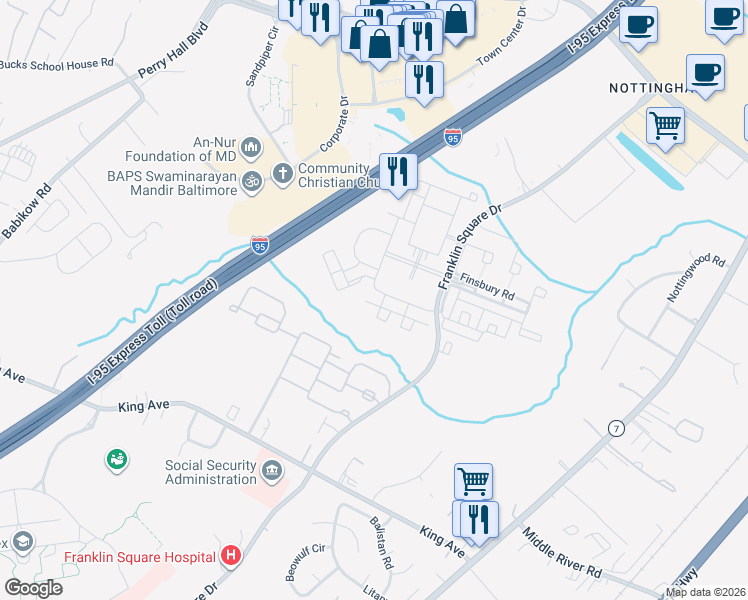 map of restaurants, bars, coffee shops, grocery stores, and more near 5232 Millfield Road in Rosedale
