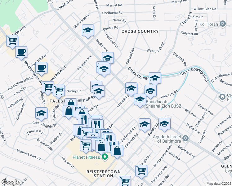 map of restaurants, bars, coffee shops, grocery stores, and more near 3614 Labyrinth Road in Baltimore