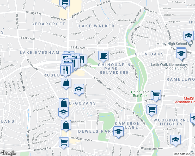map of restaurants, bars, coffee shops, grocery stores, and more near 804 East Belvedere Avenue in Baltimore