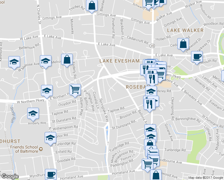 map of restaurants, bars, coffee shops, grocery stores, and more near 5915 Brackenridge Avenue in Baltimore