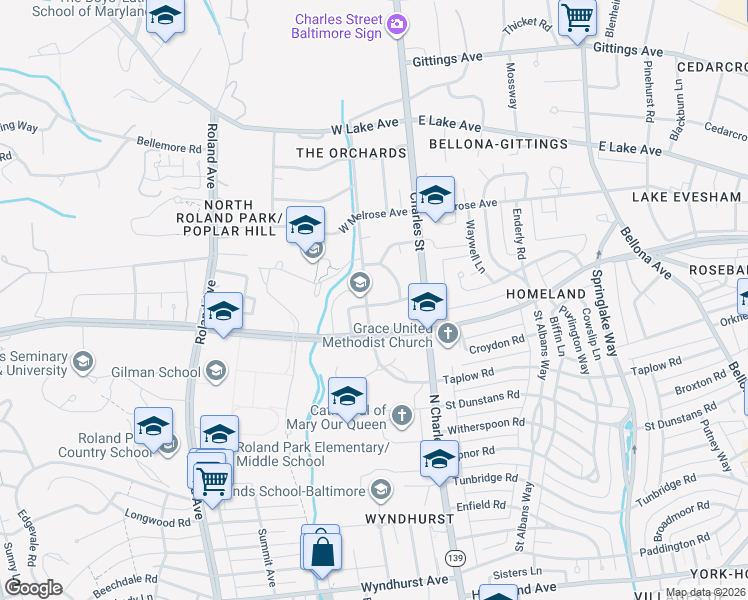 map of restaurants, bars, coffee shops, grocery stores, and more near 12 Tamworth Road in Baltimore