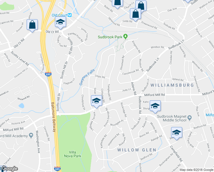 map of restaurants, bars, coffee shops, grocery stores, and more near 724 Templecliff Rd in Pikesville