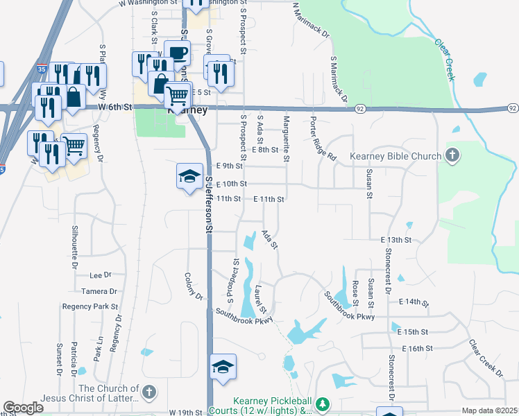 map of restaurants, bars, coffee shops, grocery stores, and more near 1102 Ada Street in Kearney