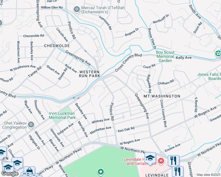 map of restaurants, bars, coffee shops, grocery stores, and more near 5807 Pimlico Road in Baltimore