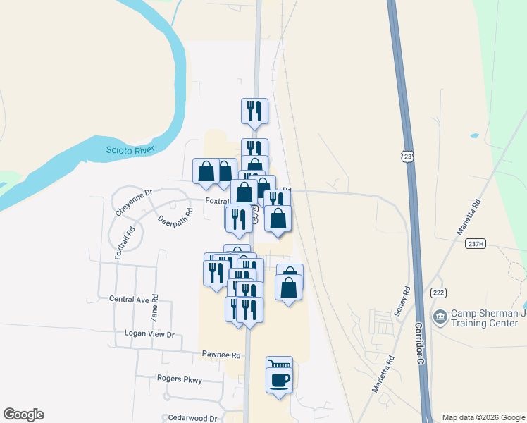 map of restaurants, bars, coffee shops, grocery stores, and more near 1391 North Bridge Street in Chillicothe