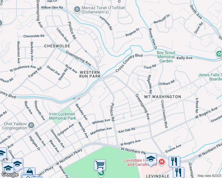 map of restaurants, bars, coffee shops, grocery stores, and more near 5807 Pimlico Road in Baltimore