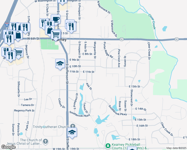 map of restaurants, bars, coffee shops, grocery stores, and more near 1103 Geneva Street in Kearney