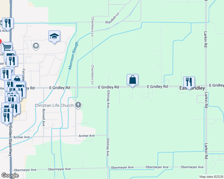 map of restaurants, bars, coffee shops, grocery stores, and more near 310 East Gridley Road in Gridley