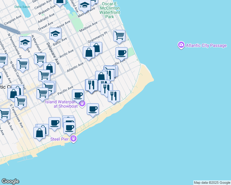 map of restaurants, bars, coffee shops, grocery stores, and more near 239 Metropolitan Avenue in Atlantic City