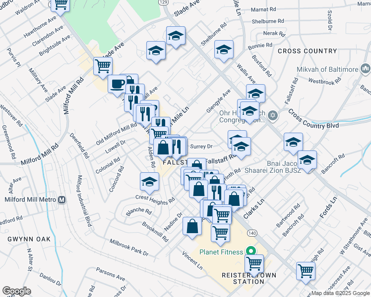 map of restaurants, bars, coffee shops, grocery stores, and more near 7050 Surrey Drive in Baltimore