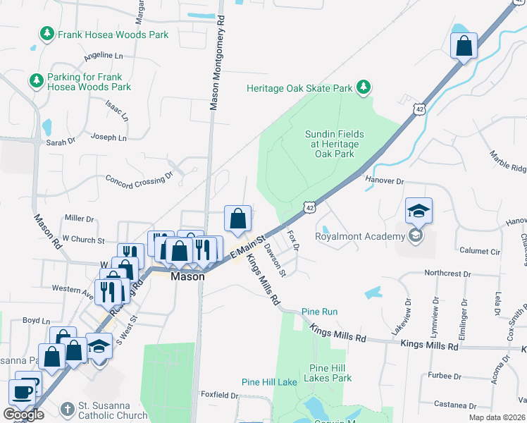 map of restaurants, bars, coffee shops, grocery stores, and more near 118 Cowan Drive in Mason