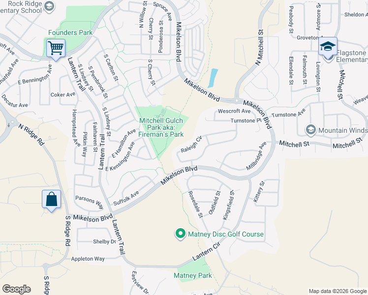 map of restaurants, bars, coffee shops, grocery stores, and more near 5984 Raleigh Circle in Castle Rock