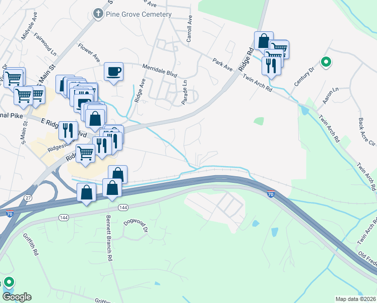 map of restaurants, bars, coffee shops, grocery stores, and more near 1401 Conestoga Court in Mount Airy