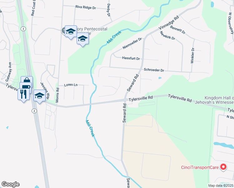 map of restaurants, bars, coffee shops, grocery stores, and more near 875 Millers Run Court in Hamilton