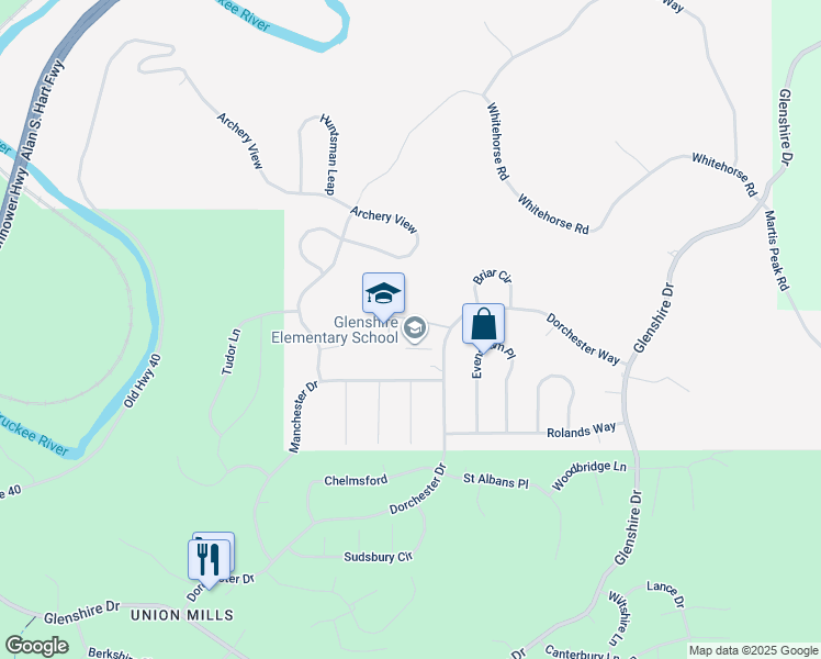 map of restaurants, bars, coffee shops, grocery stores, and more near 10990 Dorchester Drive in Truckee