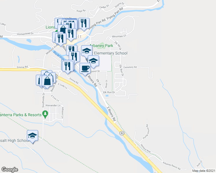 map of restaurants, bars, coffee shops, grocery stores, and more near 353 Wren Court in Basalt