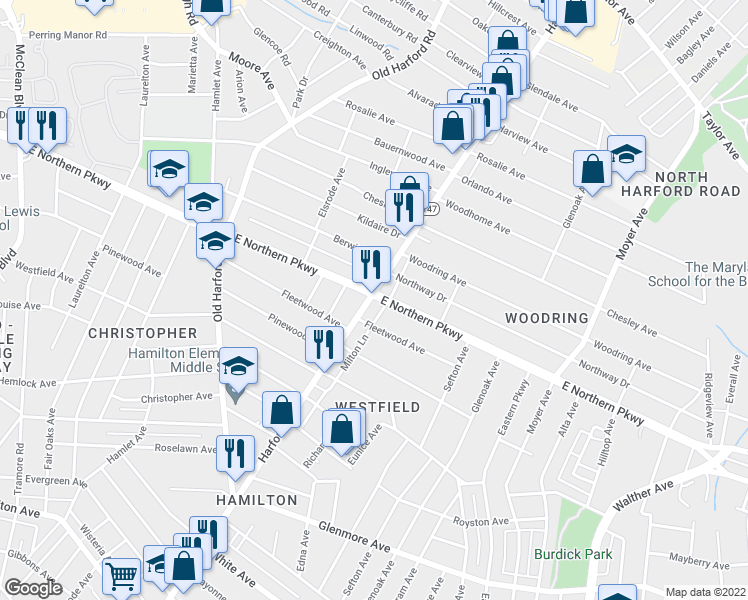 map of restaurants, bars, coffee shops, grocery stores, and more near 6627 Harford Rd in Baltimore