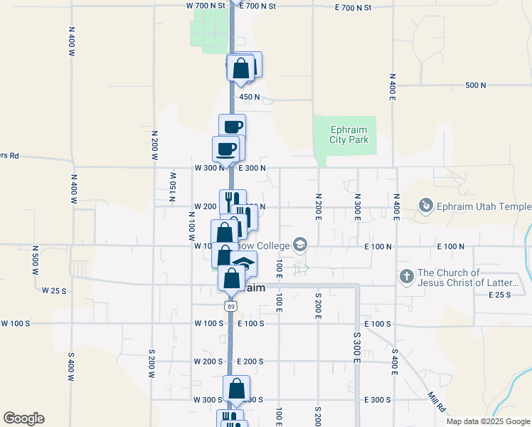 map of restaurants, bars, coffee shops, grocery stores, and more near 76 East 200 North in Ephraim