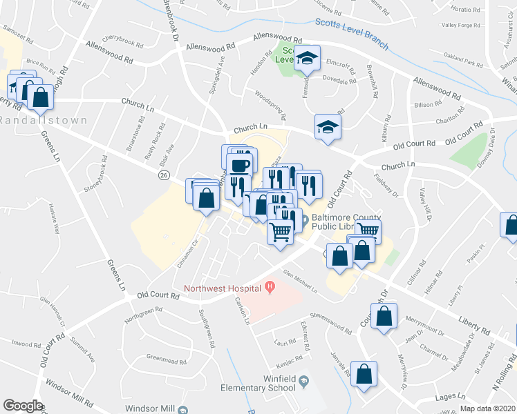 map of restaurants, bars, coffee shops, grocery stores, and more near 8696 Liberty Road in Randallstown