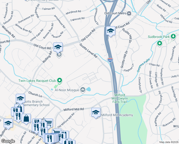map of restaurants, bars, coffee shops, grocery stores, and more near 8 Tentmill Lane in Pikesville