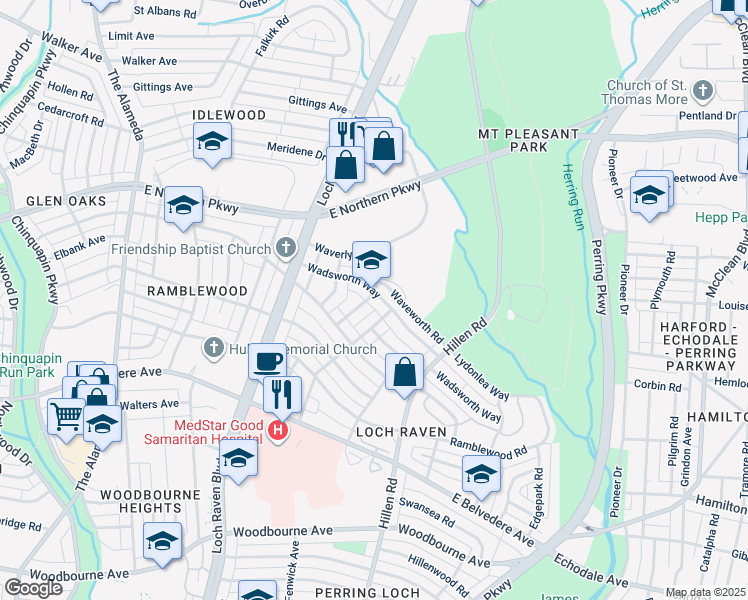 map of restaurants, bars, coffee shops, grocery stores, and more near 5931 Yorkwood Road in Baltimore