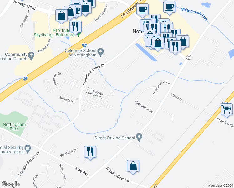 map of restaurants, bars, coffee shops, grocery stores, and more near 114 Brinsmaid Court in Rosedale