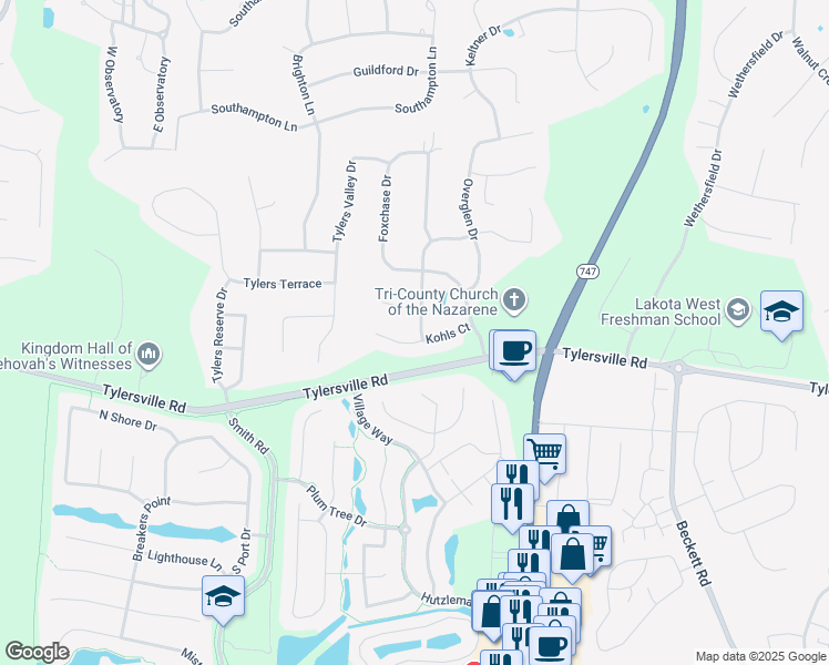 map of restaurants, bars, coffee shops, grocery stores, and more near 7754 Hunters Trail in Butler County
