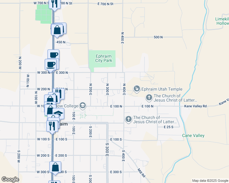 map of restaurants, bars, coffee shops, grocery stores, and more near 192 North 300 East in Ephraim