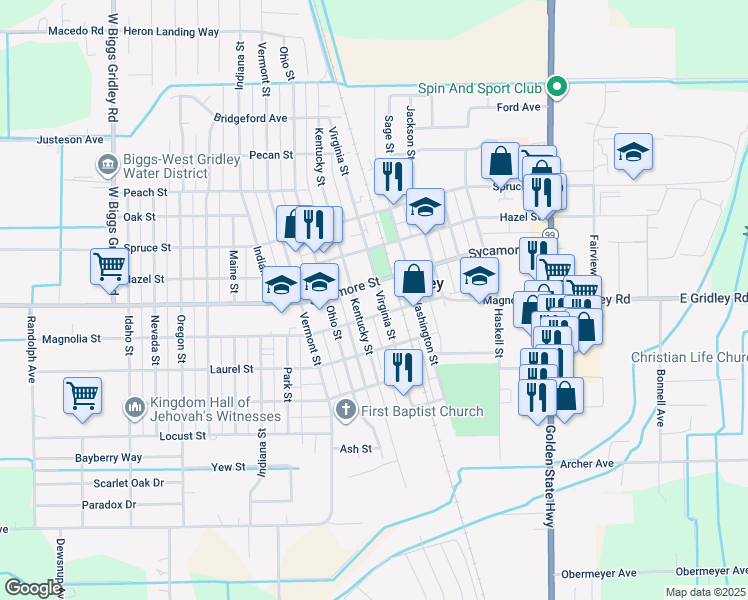 map of restaurants, bars, coffee shops, grocery stores, and more near 775 Sycamore Street in Gridley