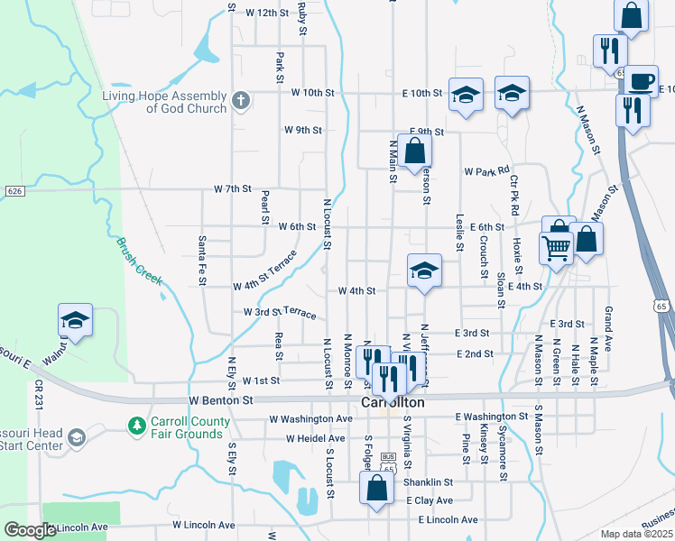 map of restaurants, bars, coffee shops, grocery stores, and more near 401-413 North Monroe Street in Carrollton