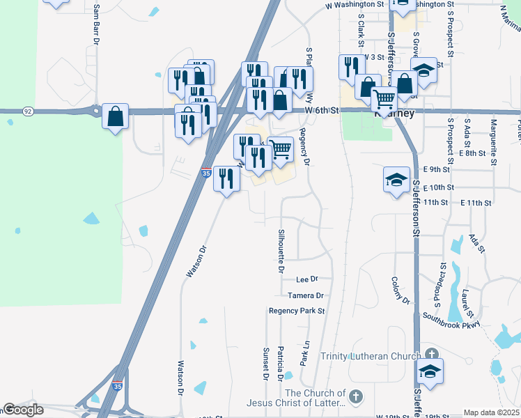 map of restaurants, bars, coffee shops, grocery stores, and more near 1001 Watson Drive in Kearney