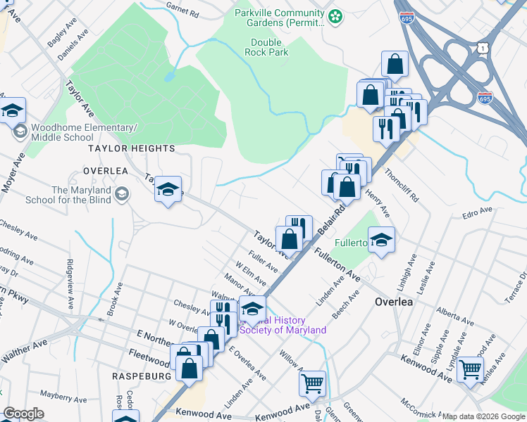 map of restaurants, bars, coffee shops, grocery stores, and more near 4102 Taylor Avenue in Baltimore