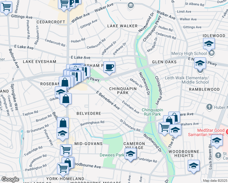 map of restaurants, bars, coffee shops, grocery stores, and more near 818 Evesham Avenue in Baltimore