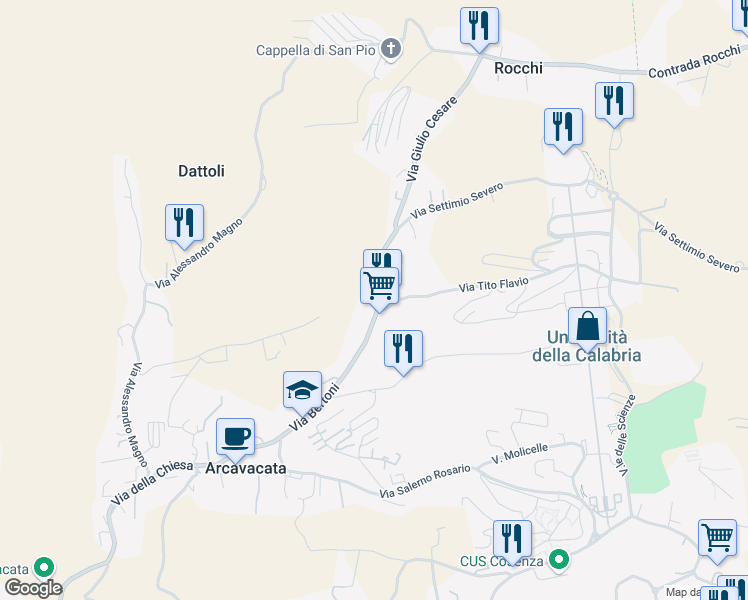 map of restaurants, bars, coffee shops, grocery stores, and more near 15 Via Giulio Cesare in Arcavacata