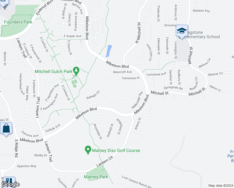 map of restaurants, bars, coffee shops, grocery stores, and more near 5731 Raleigh Circle in Castle Rock