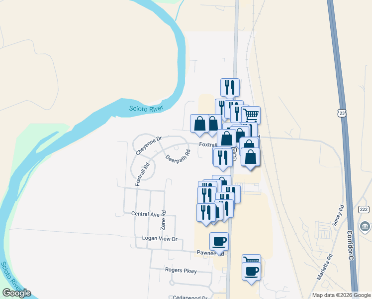 map of restaurants, bars, coffee shops, grocery stores, and more near 5 Deerpath Road in Chillicothe
