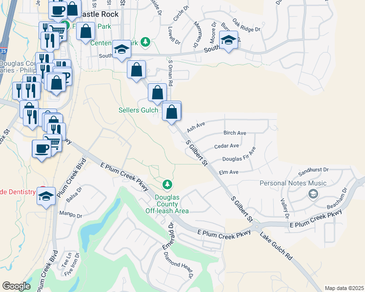 map of restaurants, bars, coffee shops, grocery stores, and more near 607 South Gilbert Street in Castle Rock
