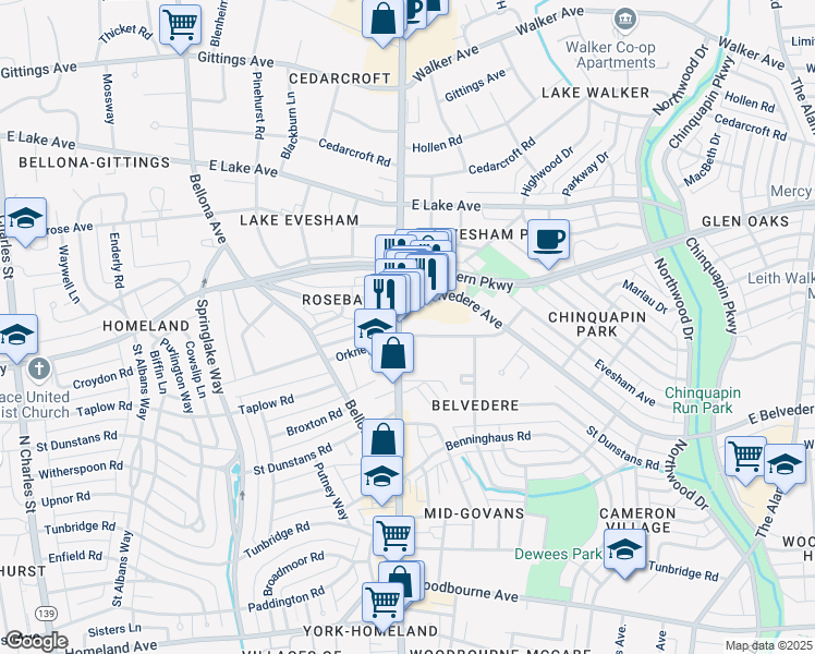 map of restaurants, bars, coffee shops, grocery stores, and more near 5845 York Road in Baltimore