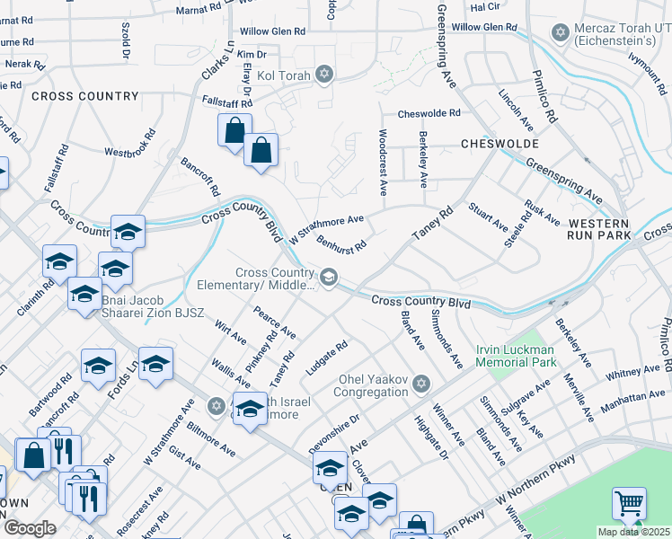 map of restaurants, bars, coffee shops, grocery stores, and more near 6111 Western Run Drive in Baltimore