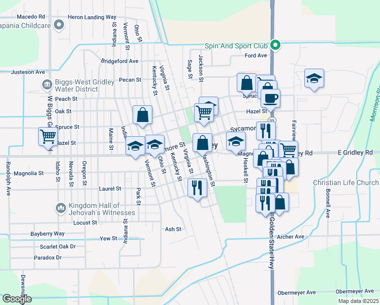 map of restaurants, bars, coffee shops, grocery stores, and more near 775 Sycamore Street in Gridley