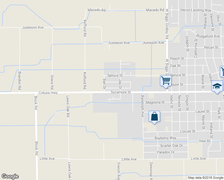 map of restaurants, bars, coffee shops, grocery stores, and more near 2135 Jacob Street in Gridley